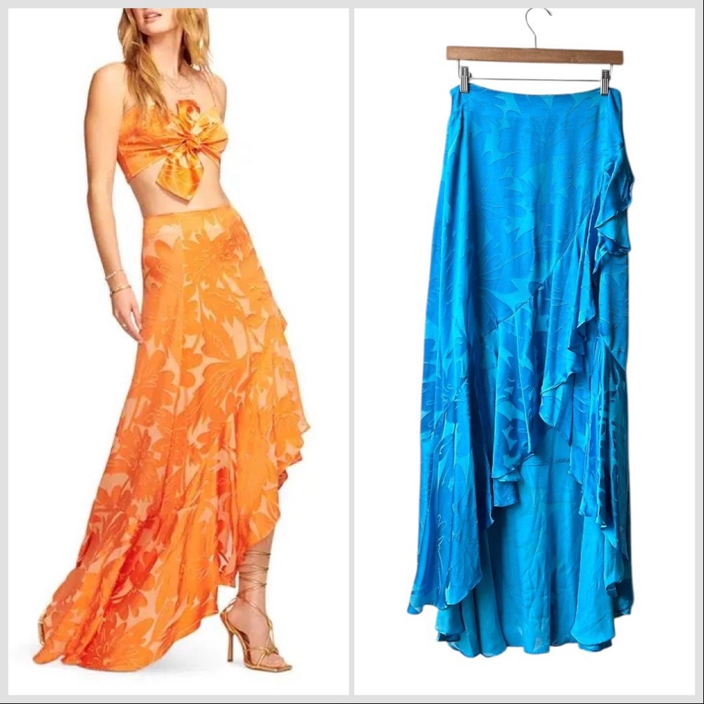 Nwt Ramy Brook Blue Satin Elisa Floral Print Ruffled High Low Maxi Skirt Sz 6